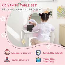 ZONEKIZ Kids Dressing Table With Mirror And Stool , Kids Vanity Table Girls Dressing Table With Drawer, Storage Shelf, Rabbit Design, For Ages 3-6 Years - White And Pink - White - View 5
