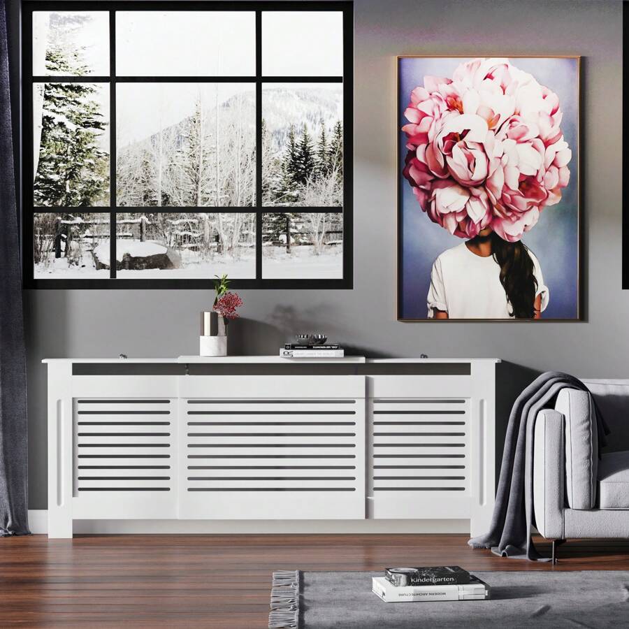 HOMCOM MDF Extendable Radiator Cover Cabinet Shelving Home Office Slatted Design White 139-208.5L X 20.5W X 82.5H Cm