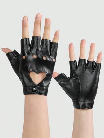 1pair Women's Half Finger Gloves For Dance Performances With Heart Cutout & Hollow Out Design Halloween Valentine's Day Valentines