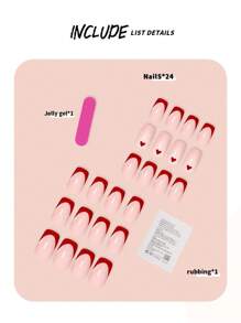 Renueva tu apariencia con 24 piezas de uñas acrílicas en forma cuadrada y mediana de moda en rojo para el Día de San Valentín, con diseño de corazones franceses, acabado brillante y brillante, incluye pegamento jelly y lima de uñas. Adecuado para fiestas, bailes y uso diario de suministros para uñas de presión. uñas falsas uña falsa uña acrílica