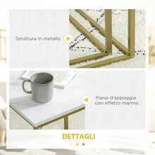 Tavolino da Salotto Set 2 Pezzi Impilabile con Piano Effetto Marmo in Truciolato e Struttura in Acciaio, 45x45x50 cm e 37x37x43 cm, Bianco e Oro - Bianco - Visualizzare 6