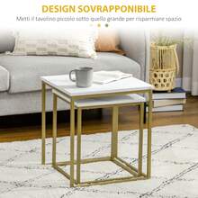 Tavolino da Salotto Set 2 Pezzi Impilabile con Piano Effetto Marmo in Truciolato e Struttura in Acciaio, 45x45x50 cm e 37x37x43 cm, Bianco e Oro - Bianco - Visualizzare 7