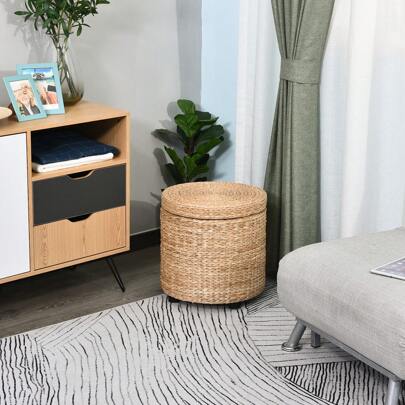 Pouf Contenitore Tondo con Rivestimento Rattan Lepironia, Sgabello Poggiapiedi Tavolino da Salotto con Coperchio Stile Boho, Ø43x43cm, Kaki