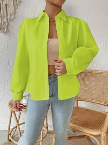 Formal Shirt, Long Sleeve, Princess Sleeve, Polo Collar, Delicate, Sophisticated, Elegant, Fur Blouse, Long Sleeve - 青檸色 - 查看 2