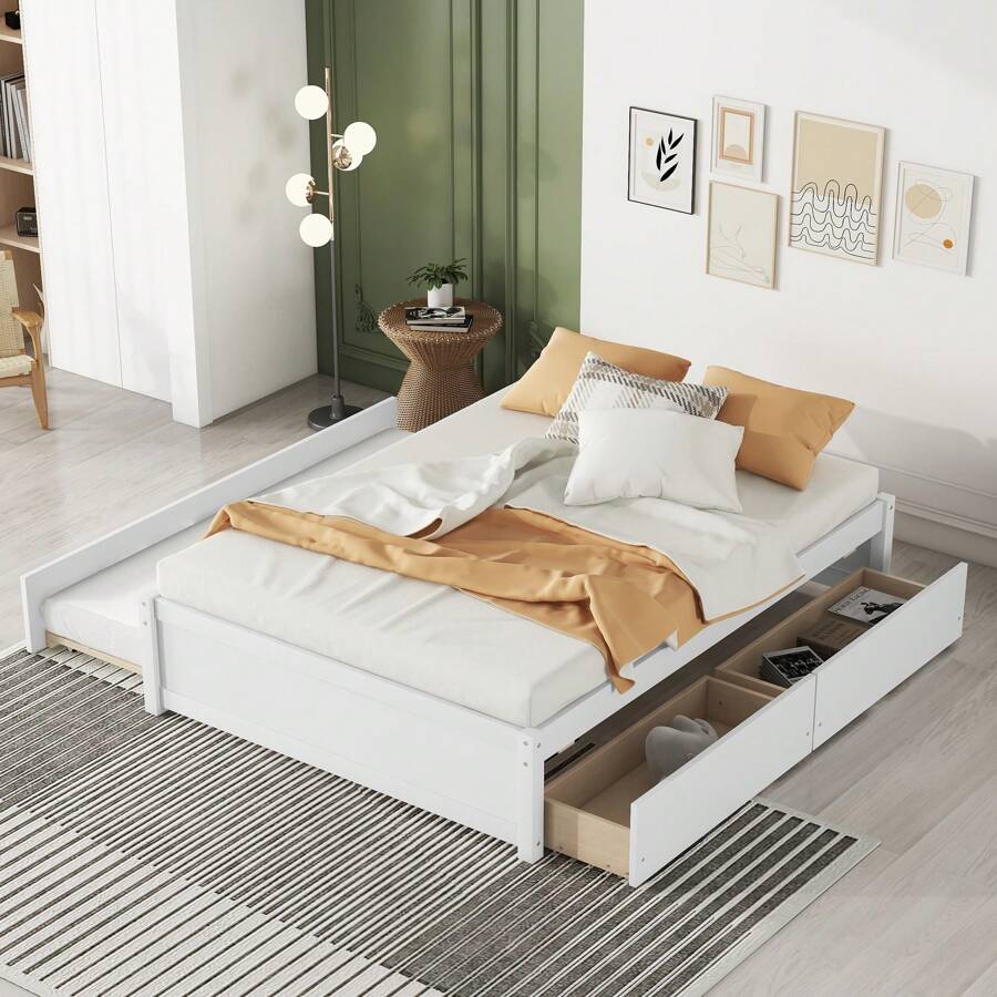 Nestfair Wooden Full Size Platfrom Bed With Trundle And 2-Drawer