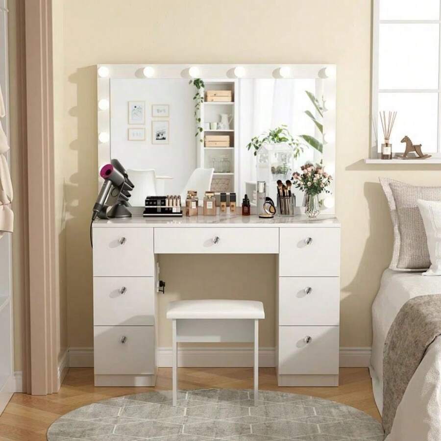 VOWNER 44" Makeup Vanity Desk Set With Power Outlet, 14 Bulbs And Mirror, 7 Drawers, Color & Brightness Adjustable, For Girls Women Thanksgiving Christmas Gift - 白色大理石 - 查看 1