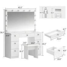 VOWNER 44" Makeup Vanity Desk Set With Power Outlet, 14 Bulbs And Mirror, 7 Drawers, Color & Brightness Adjustable, For Girls Women Thanksgiving Christmas Gift - 白色大理石 - 查看 7