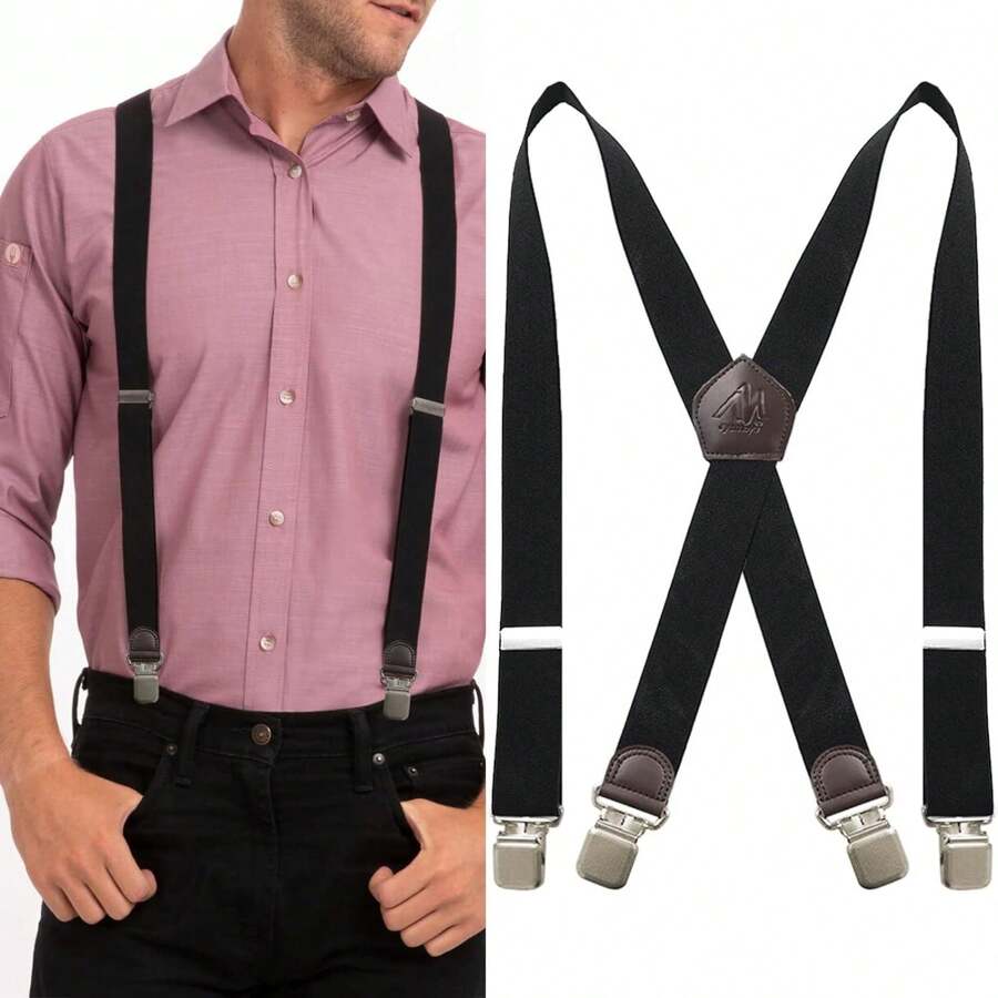 Mens Brace With Strong Metal Clips, Brace For Men Trousers Heavy Duty Elasticated Cross Braces Adjustable X-Back Genuine Leather Trimmed Button, Classic Pant Suspenders Fits All Men And Wome - Black - View 1
