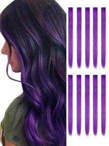 10 piezas de extensiones de cabello con clip en tonos morado y coloridos para mujeres, mechones de cabello liso perfectos para uso diario, fiestas, disfraces, Halloween y cosplay. Extensiones de cabello liso y colorido de 22 pulgadas para fiestas de princesas de niñas - Morado - Ver 1