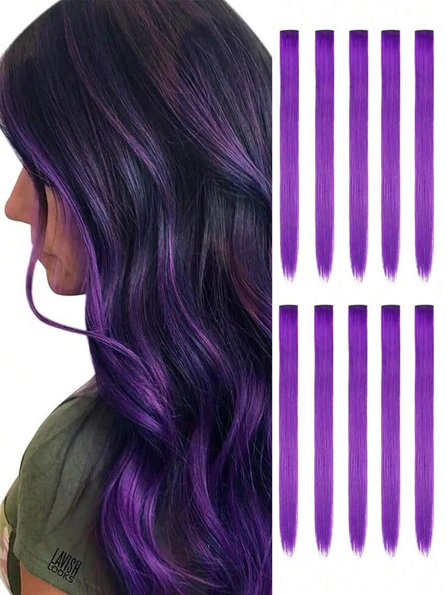 10 piezas de extensiones de cabello con clip en tonos morado y coloridos para mujeres, mechones de cabello liso perfectos para uso diario, fiestas, disfraces, Halloween y cosplay. Extensiones de cabello liso y colorido de 22 pulgadas para fiestas de princesas de niñas - Morado - Ver 1