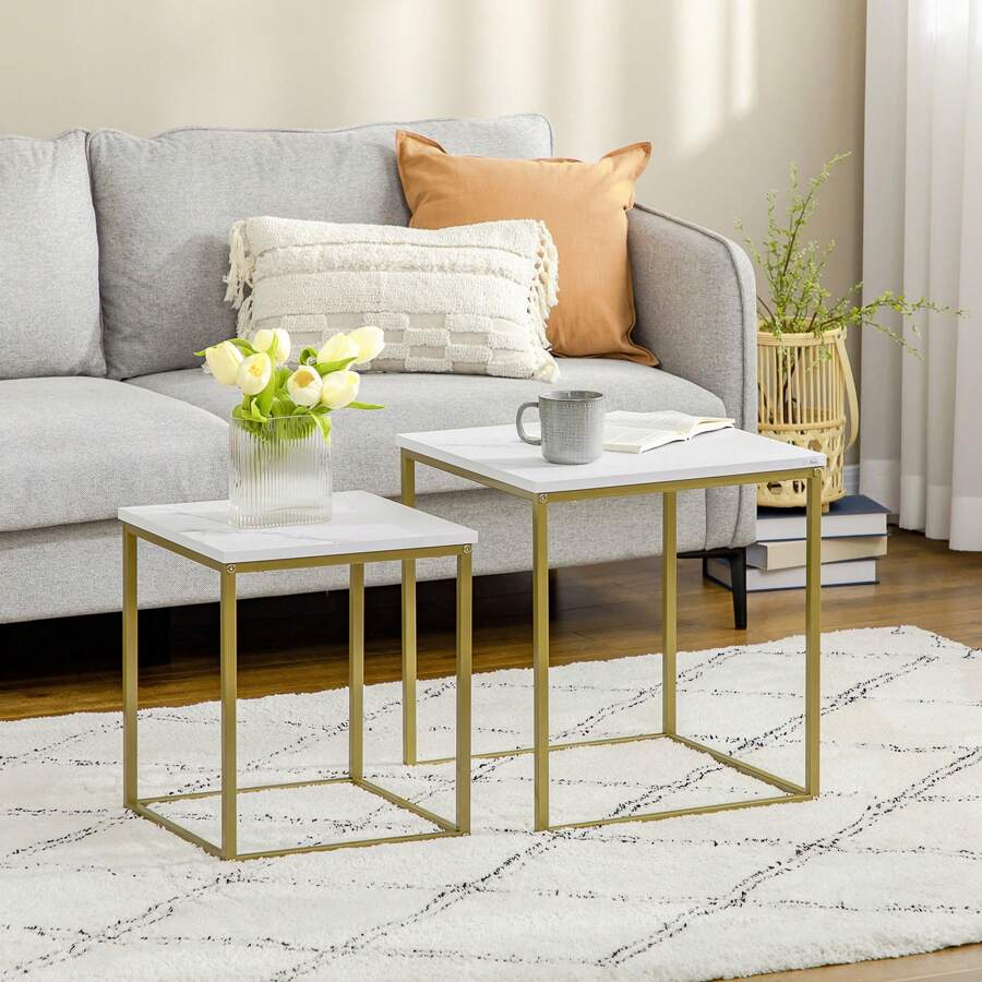 Tavolino da Salotto Set 2 Pezzi Impilabile con Piano Effetto Marmo in Truciolato e Struttura in Acciaio, 45x45x50 cm e 37x37x43 cm, Bianco e Oro - Bianco - Visualizzare 1