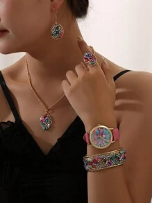SOKI SOKI 一套镶嵌彩色水钻和水晶的女士手表，搭配夸张个性的时尚金属项链套装（含耳环、手链和戒指），珠宝套装，适合日常佩戴、生日礼物、派对、节日聚会，是送给自己或朋友的理想礼物。 - 玫紅色 - 查看 3