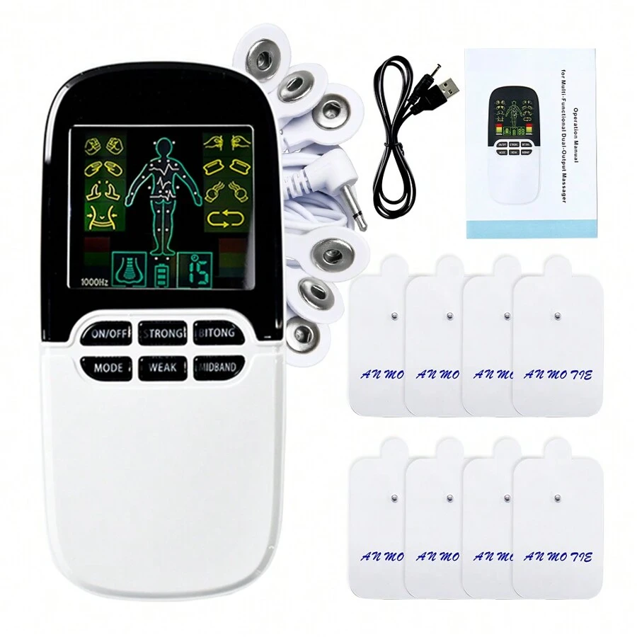 雙通道電子脈衝按摩機8種模式tens Ems身體按摩器可充電神經肌肉刺激器身體放鬆,配有8片電極貼片 - 白色 - 查看 1