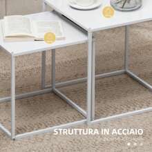 Set 2 Tavolini da Caffè Impilabili Quadrati, Tavolini da Salotto e Soggiorno in Acciaio, Bianco - Bianco - Visualizzare 5