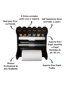 Porta Tempero Parede 6 Potes com Porta Papel Alumínio e Porta Papel Toalha - Preto - Visão 3