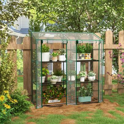 Outsunny 3 Tier Lean-To Mini Greenhouse With Reinforced Plastic Cover, Portable Indoor Outdoor Green House With 2 Roll-Up Doors And 6 Wire Shelves, 151H X 143W X 46Dcm