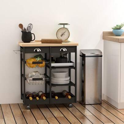 HOMCOM Carrello da Cucina con Ruote Cassetti e Portabottiglie in Legno 74x37x76cm