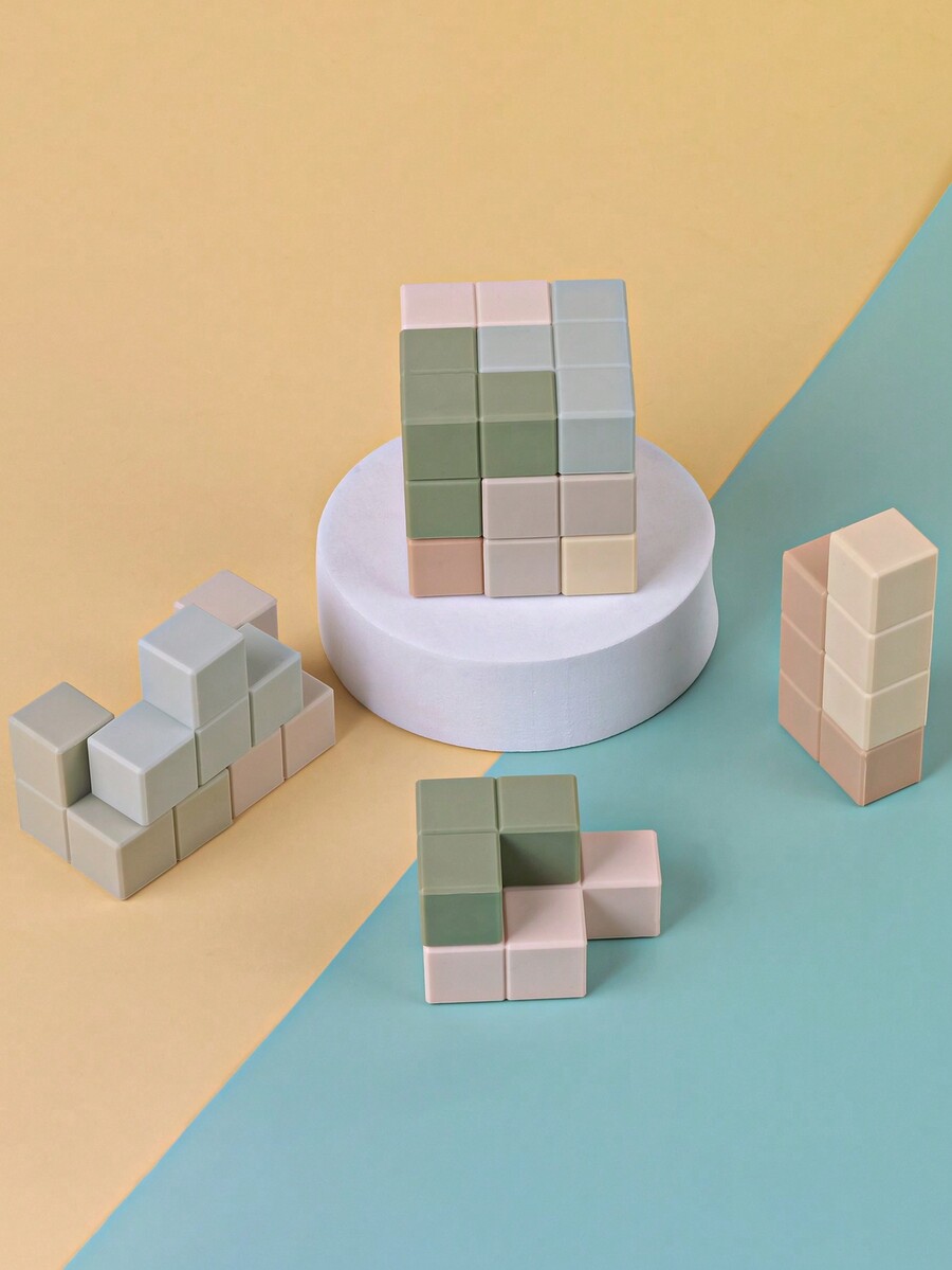 1 Ser 7pcs Silicone Cube Building Block Montessori Toys, Colored Cubes