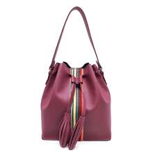 Bolsa Saquinho de Mão e Alça Trasversal Regulável Com Detalhes em Tira Colorida - Vinho - Visão 1