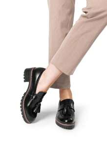 Women Loafers Slip On Platform Chunky Heel Dress Work Business Casual School Preppy Loafers Autumn Shoes - 黑色/PU - 查看 7
