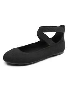 Women's Flats With Back Zipper Fashion Comfortable And Lightweight Cross Elastic Ankle Straps Daily Dressy Commuting Elegant Ballet Flats Shoes - 黑色/牛巴革 - 查看 4