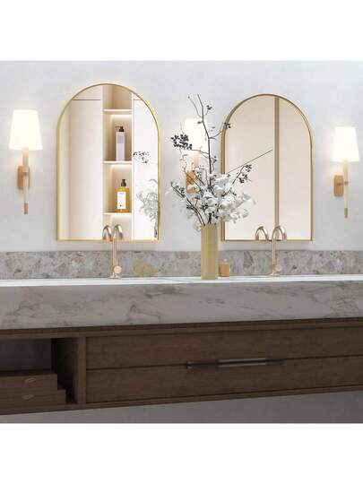 CASSIL Curved Wand Mirror, 50 75 Cm Zwart Bathroom Large Make Up Spiegel Metal Frame, Entrance, Fireplace Bedroom (Black, Gold) view 6