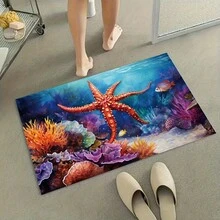 1入組水晶絨織物可清洗底材,海星圖案珊瑚絨地毯,珪藻土材料。浴室地墊,超吸水薄款浴室地毯,適用於可洗浴室地墊 - 洗澡間,盆浴,水槽和其他區域的防滑浴室地墊