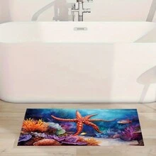 1入組水晶絨織物可清洗底材,海星圖案珊瑚絨地毯,珪藻土材料。浴室地墊,超吸水薄款浴室地毯,適用於可洗浴室地墊 - 洗澡間,盆浴,水槽和其他區域的防滑浴室地墊