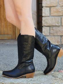 Music Festival Women's Embroidered Cowboy Boots Pull On Western Boots Mid Calf Boots Chunky Heel Cowgirl Boots - Black - View 6