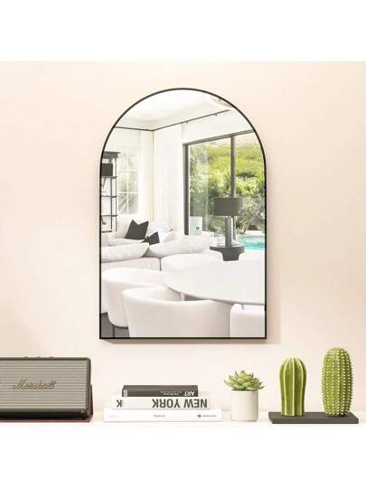 CASSIL Curved Wand Mirror, 50 75 Cm Zwart Bathroom Large Make Up Spiegel Metal Frame, Entrance, Fireplace Bedroom (Black, Gold) view 2