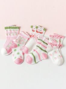 5pairs/Pack Girls' Pink Socks, Cartoon Rabbit Printed Strawberry Pattern Mesh Style Thin Socks For Spring And Summer, With Double Layer Ruffle And 3D Floral Edge. Perfect Match For Sports Shoes And Leather Shoes. Gorgeous, Graceful, Rural, Bohemian And Sweet Princess Styles. Suitable For Girls From Preschool And Primary School. - Multicolor - View 11