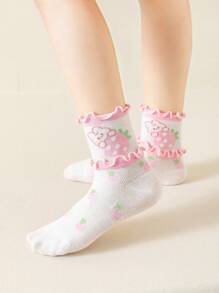5pairs/Pack Girls' Pink Socks, Cartoon Rabbit Printed Strawberry Pattern Mesh Style Thin Socks For Spring And Summer, With Double Layer Ruffle And 3D Floral Edge. Perfect Match For Sports Shoes And Leather Shoes. Gorgeous, Graceful, Rural, Bohemian And Sweet Princess Styles. Suitable For Girls From Preschool And Primary School. - Multicolor - View 10