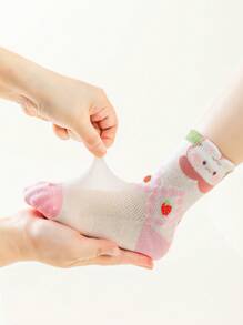 5pairs/Pack Girls' Pink Socks, Cartoon Rabbit Printed Strawberry Pattern Mesh Style Thin Socks For Spring And Summer, With Double Layer Ruffle And 3D Floral Edge. Perfect Match For Sports Shoes And Leather Shoes. Gorgeous, Graceful, Rural, Bohemian And Sweet Princess Styles. Suitable For Girls From Preschool And Primary School. - Multicolor - View 6