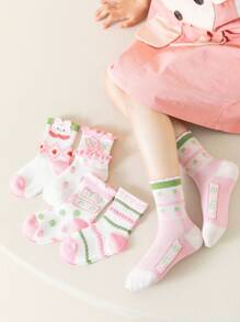 5pairs/Pack Girls' Pink Socks, Cartoon Rabbit Printed Strawberry Pattern Mesh Style Thin Socks For Spring And Summer, With Double Layer Ruffle And 3D Floral Edge. Perfect Match For Sports Shoes And Leather Shoes. Gorgeous, Graceful, Rural, Bohemian And Sweet Princess Styles. Suitable For Girls From Preschool And Primary School. - Multicolor - View 7