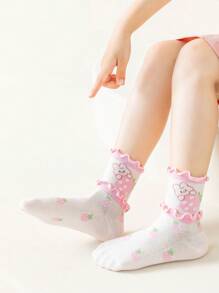 5pairs/Pack Girls' Pink Socks, Cartoon Rabbit Printed Strawberry Pattern Mesh Style Thin Socks For Spring And Summer, With Double Layer Ruffle And 3D Floral Edge. Perfect Match For Sports Shoes And Leather Shoes. Gorgeous, Graceful, Rural, Bohemian And Sweet Princess Styles. Suitable For Girls From Preschool And Primary School. - Multicolor - View 9