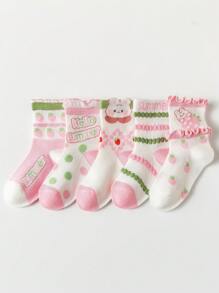 5pairs/Pack Girls' Pink Socks, Cartoon Rabbit Printed Strawberry Pattern Mesh Style Thin Socks For Spring And Summer, With Double Layer Ruffle And 3D Floral Edge. Perfect Match For Sports Shoes And Leather Shoes. Gorgeous, Graceful, Rural, Bohemian And Sweet Princess Styles. Suitable For Girls From Preschool And Primary School. - Multicolor - View 2