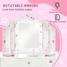 HOMCOM Kids Vanity Table & Stool Girls Dressing Set Make Up Desk Chair Dresser Play Set With Rotatable Mirrors Drawer Star & Heart Pattern White - White - View 5
