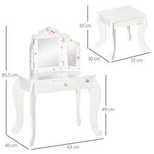 HOMCOM Kids Vanity Table & Stool Girls Dressing Set Make Up Desk Chair Dresser Play Set With Rotatable Mirrors Drawer Star & Heart Pattern White - White - View 4