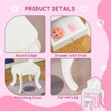 HOMCOM Kids Vanity Table & Stool Girls Dressing Set Make Up Desk Chair Dresser Play Set With Rotatable Mirrors Drawer Star & Heart Pattern White - White - View 6
