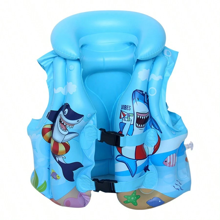 Chaleco Inflable Infantil de PVC para Nado y Pesca en el Mar - Diseño de Tiburones en Tono Pop, Resistente al Desgaste y Seguro - Azul - Ver 1