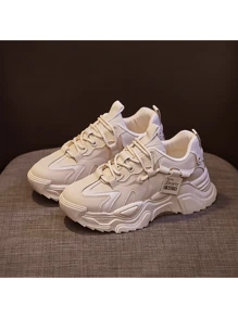 1 Par De Zapatos Elegantes Beige Gruesos Y Con Suela Gruesa Y Diseño De Costura De Coche Para Ropa Deportiva Casual Femenina