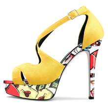 Women Stilettos High Heels Platform Peep-Toe Sandals Ankle Strap Wedding Dress 4.7 Inches Heel Pumps - 黃色 - 查看 3