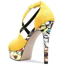 Women Stilettos High Heels Platform Peep-Toe Sandals Ankle Strap Wedding Dress 4.7 Inches Heel Pumps - 黃色 - 查看 4