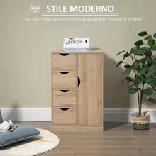 HOMCOM Mobile Bagno con 4 Cassetti e Armadietto a 2 Livelli, Mobile Contenitore in Truciolato con Maniglie Ritagliate, 54x29x83 cm, color Legno - Beige - Visualizzare 3