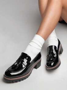 Women Black Patent Loafers Slip On Platform Chunky Heel Dress Work Business Casual School Preppy Loafers Autumn Shoes - 蒙特內哥羅 - 查看 2