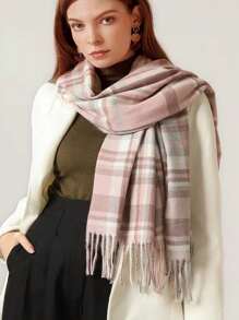 Kẻ sọc Retro Khăn quàng cổ , Hàn Quốc 2023 Mới Phong cách Anh quốc Vá lại Kẻ sọc Khăn quàng cổ Đối với phụ nữ & Nam , Dày Mùa Đông Cái cổ Ấm áp hơn - Bụi hồng - Xem 1