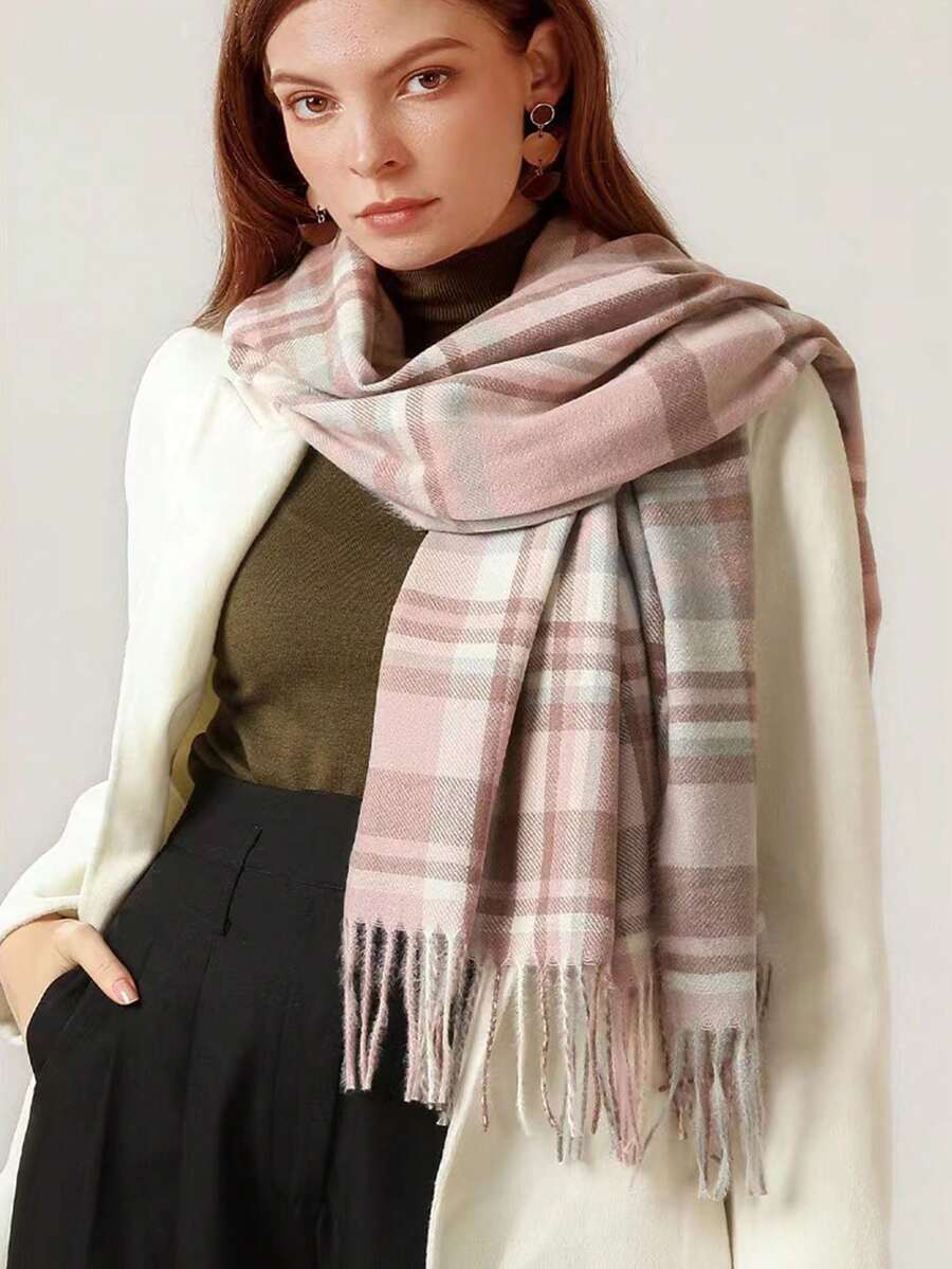 Kẻ sọc Retro Khăn quàng cổ , Hàn Quốc 2023 Mới Phong cách Anh quốc Vá lại Kẻ sọc Khăn quàng cổ Đối với phụ nữ & Nam , Dày Mùa Đông Cái cổ Ấm áp hơn - Bụi hồng - Xem 1