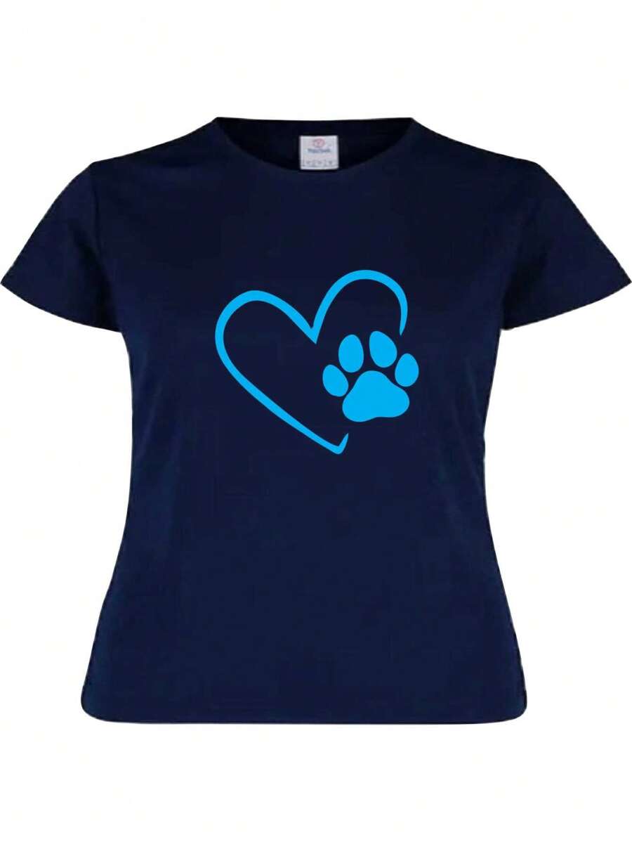 Playera Corazon Huellas Dog Love Perro Dog Mom Estampado moda letras algodon manga corta Corte Slim Fit reducido - Azul Marino - Ver 1