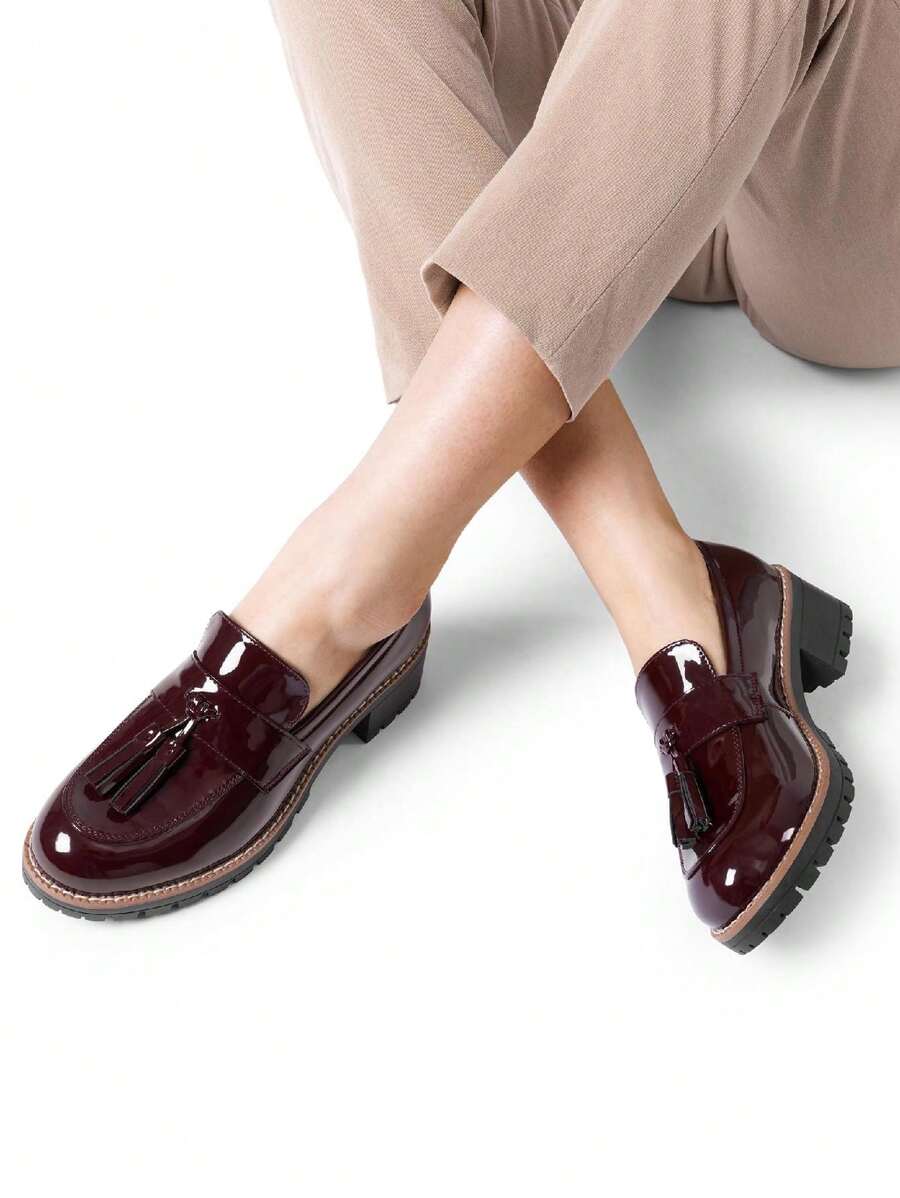 Women's Loafers Slip On Platform Chunky Penny Heeled Dressy Work Business Casual Loafers Autumn Shoes - 酒紅色 - 查看 1