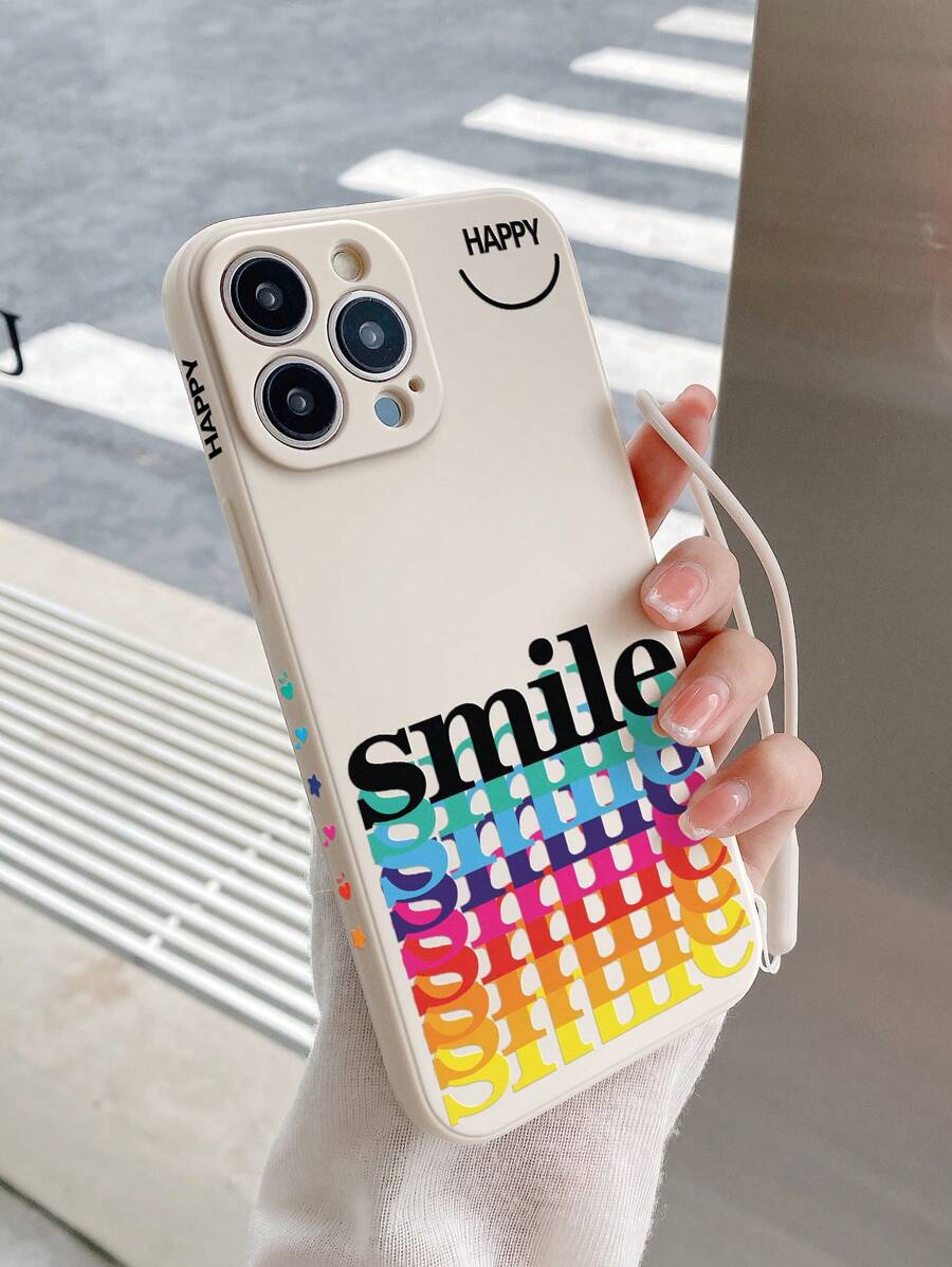 1pc Fashionable Straight Edge Anti-Fall Alphabet Print Phone Case With Left-Side Print, Comes With Hand Strap, Compatible With Apple, Compatible With Samsung, Compatible With Xiaomi Compatible With Redmi Series,International Version, Not The Domestic Version - Multicolor - View 1